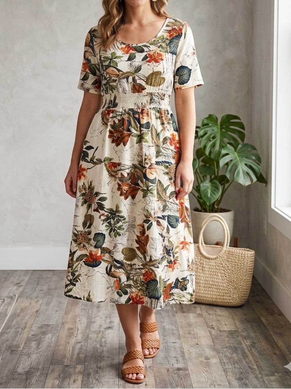 Botanical Tropical Floral Midi Dress Short Sleeve Cream Off White Boho💛